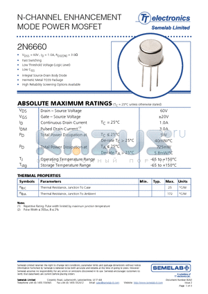 2N6660 datasheet - N-CHANNEL ENHANCEMENT MODE POWER MOSFET