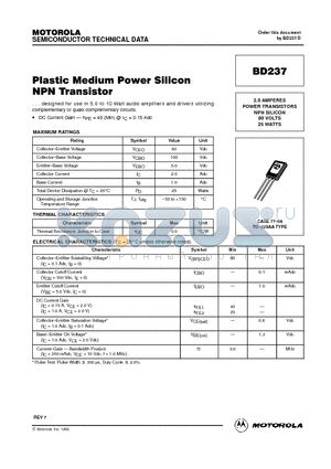 BD237 datasheet - Plastic Medium Power Silicon NPN Transistor