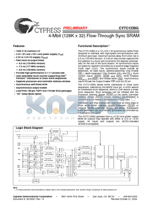 CY7C1338G-100BGI datasheet - 4-Mbit (128K x 32) Flow-Through Sync SRAM