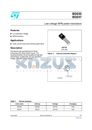 BD237 datasheet - Low voltage NPN power transistors