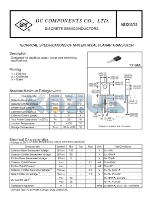 BD237D datasheet - TECHNICAL SPECIFICATIONS OF NPN EPITAXIAL PLANAR TRANSISTOR