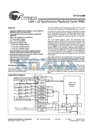 CY7C1339B-133BGC datasheet - 128K x 32 Synchronous Pipelined Cache RAM