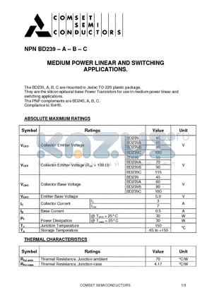 BD239 datasheet - MEDIUM POWER LINEAR AND SWITCHING APPLICATIONS