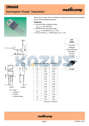 2N6668 datasheet - Darlington Power Transistor