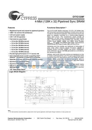CY7C1339F-100BGI datasheet - 4-Mbit (128K x 32) Pipelined Sync SRAM