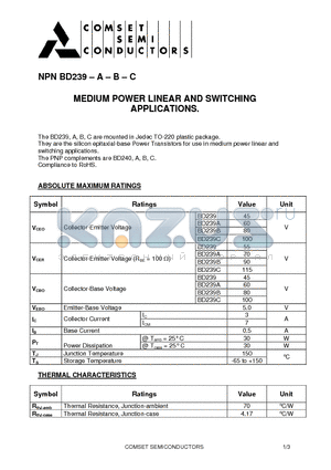 BD239B datasheet - MEDIUM POWER LINEAR AND SWITCHING APPLICATIONS