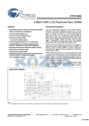 CY7C1339G datasheet - 4-Mbit (128K x 32) Pipelined Sync SRAM