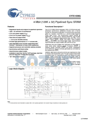 CY7C1339G-133AXI datasheet - 4-Mbit (128K x 32) Pipelined Sync SRAM