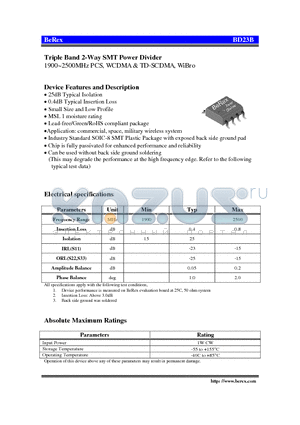 BD23B datasheet - Triple Band 2-Way SMT Power Divider 1900~2500MHz PCS, WCDMA & TD-SCDMA, WiBro