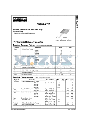 BD240 datasheet - Medium Power Linear and Switching Applications