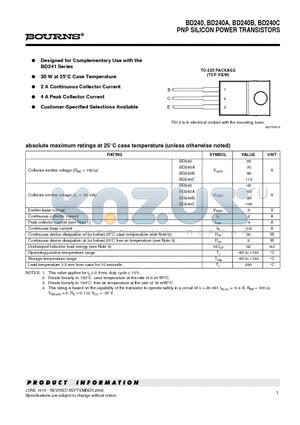 BD240 datasheet - PNP SILICON POWER TRANSISTORS