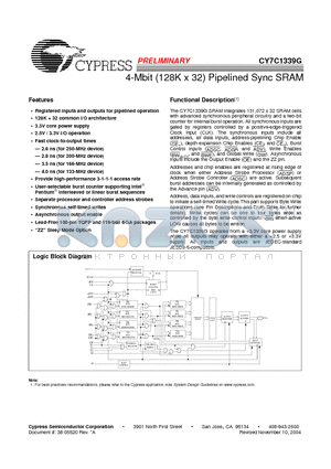 CY7C1339G-166BGI datasheet - 4 - MBIT ( 128K X 32 ) PIPELINED SYNC SRAM