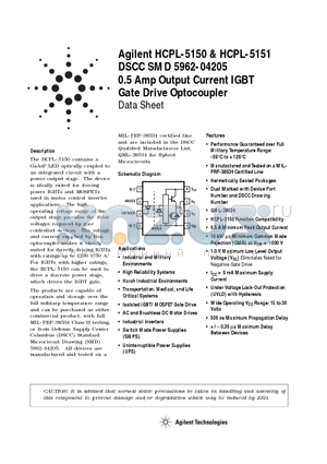 5962-0420501HPA datasheet - 0.5 Amp Output Current IGBT Gate Drive Optocoupler