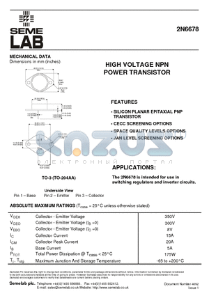 2N6678 datasheet - HIGH VOLTAGE NPN POWER TRANSISTOR