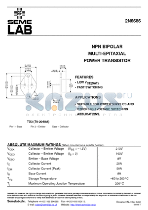 2N6686 datasheet - NPN BIPOLAR MULTI-EPITAXIAL POWER TRANSISTOR