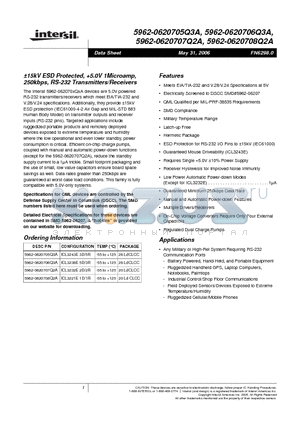 5962-0620706Q3A datasheet - a15kV ESD Protected, 5.0V 1Microamp, 250kbps, RS-232 Transmitters/Receivers