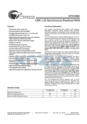 CY7C1340A datasheet - 128K x 32 Synchronous-Pipelined RAM