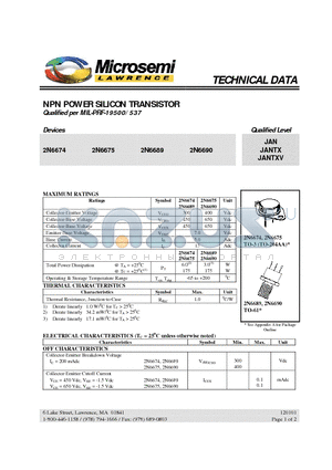 2N6689 datasheet - NPN POWER SILICON TRANSISTOR