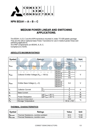 BD241 datasheet - MEDIUM POWER LINEAR AND SWITCHING APPLICATIONS