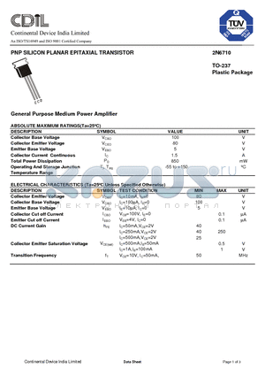 2N6710 datasheet - PNP SILICON PLANAR EPITAXIAL TRANSISTOR