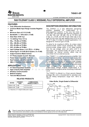 5962-0722201VFA datasheet - RAD-TOLERANT CLASS V, WIDEBAND, FULLY DIFFERENTIAL AMPLIFIER