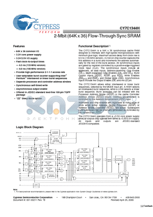 CY7C1344H-100AXC datasheet - 2-Mbit (64K x 36) Flow-Through Sync SRAM