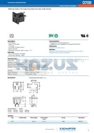 0709 datasheet - NEMA line Outlet 5-15R, Snap-in Mounting, Front Side, Solder Terminal
