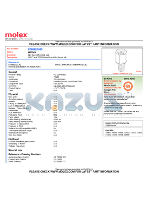 0709821005 datasheet - LFH and TDP^ Panel Mount Hex Screw Kit