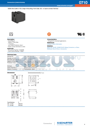 0710 datasheet - NEMA line Outlet 5-15R, Snap-in Mounting, Front Side, IDC- or Quick-connect Terminal