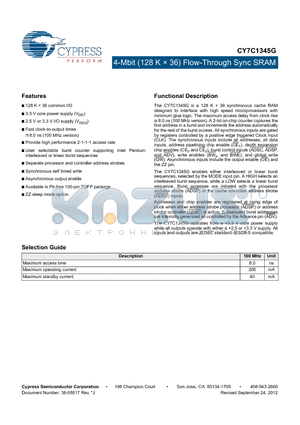 CY7C1345G-100AXI datasheet - 4-Mbit (128 K  36) Flow-Through Sync SRAM