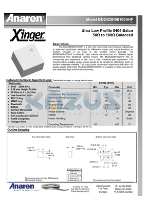 BD2425N50100AHF datasheet - Ultra Low Profile 0404 Balun 50 to 100 Balanced