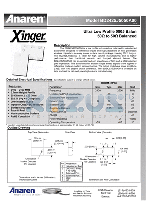 BD2425J5050A00 datasheet - Ultra Low Profile 0805 Balun 50Y to 50Y Balanced