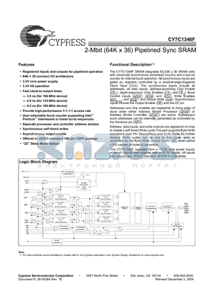 CY7C1346F datasheet - 2-Mbit (64K x 36) Pipelined Sync SRAM