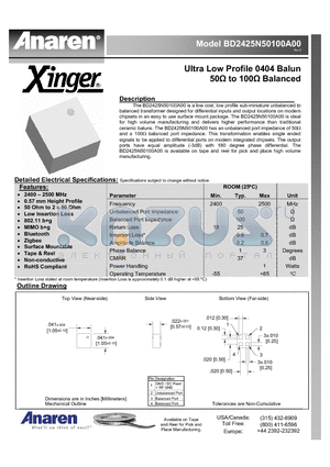 BD2425N50100A00 datasheet - Ultra Low Profile 0404 Balun 50Y to 100Y Balanced