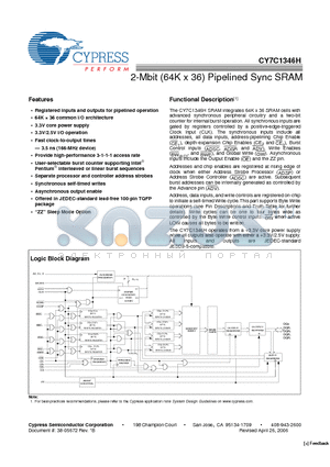 CY7C1346H-166AXI datasheet - 2-Mbit (64K x 36) Pipelined Sync SRAM