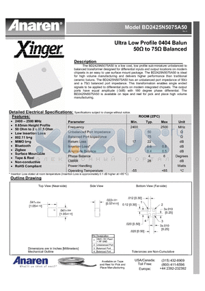 BD2425N5075A50 datasheet - Ultra Low Profile 0404 Balun 50Y to 75Y Balanced