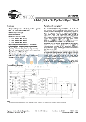 CY7C1346F-100AC datasheet - 2-Mbit (64K x 36) Pipelined Sync SRAM