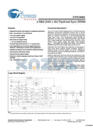 CY7C1346H datasheet - 2-Mbit (64K x 36) Pipelined Sync SRAM