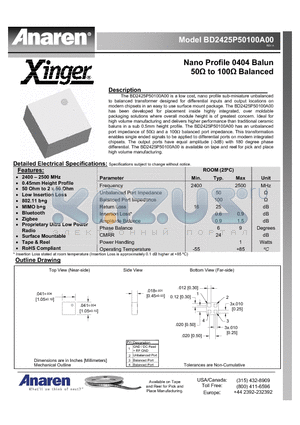 BD2425P50100A00 datasheet - Nano Profile 0404 Balun 50Y to 100Y Balanced