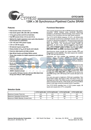 CY7C1347D-200AC datasheet - 128K x 36 Synchronous-Pipelined Cache SRAM