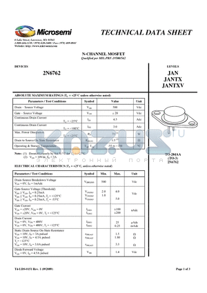 2N6762 datasheet - N-CHANNEL MOSFET