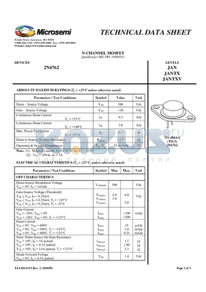 2N6762 datasheet - N-CHANNEL MOSFET