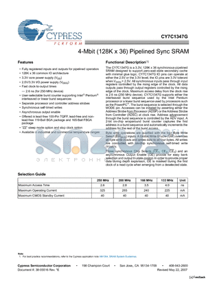 CY7C1347G-133BGI datasheet - 4-Mbit (128K x 36) Pipelined Sync SRAM