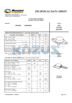 2N6768T1 datasheet - N-CHANNEL MOSFET