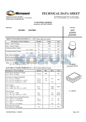 2N6784U datasheet - N-CHANNEL MOSFET