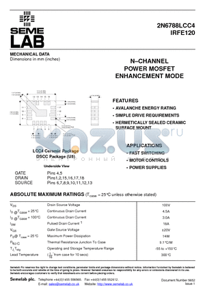 2N6788LCC4 datasheet - N-CHANNEL POWER MOSFET ENHANCEMENT MODE