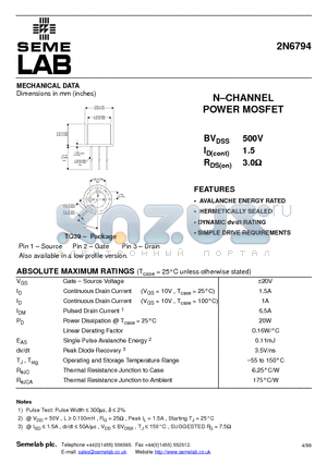 2N6794 datasheet - N-CHANNEL POWER MOSFET