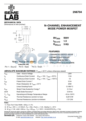 2N6794 datasheet - NCHANNEL ENHANCEMENT MODE POWER MOSFET