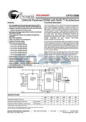 CY7C1350B datasheet - 128Kx36 Pipelined SRAM with NoBL Architecture