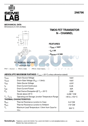 2N6796 datasheet - TMOS FET TRANSISTOR N - CHANNEL